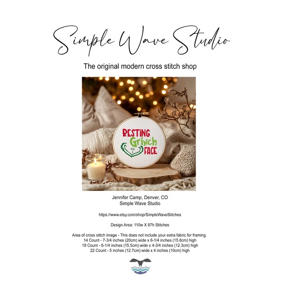 simple wave studio Other - The Grinch Resting Grinch Face Counted Cross Stitch Pattern Chart‎